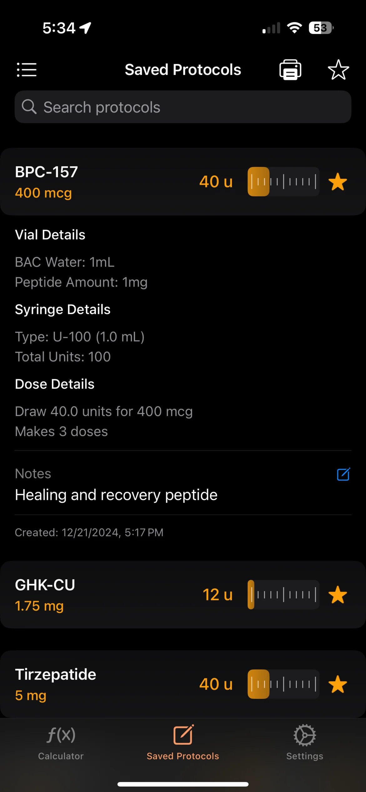 PeptideCalc.io expanded protocol view