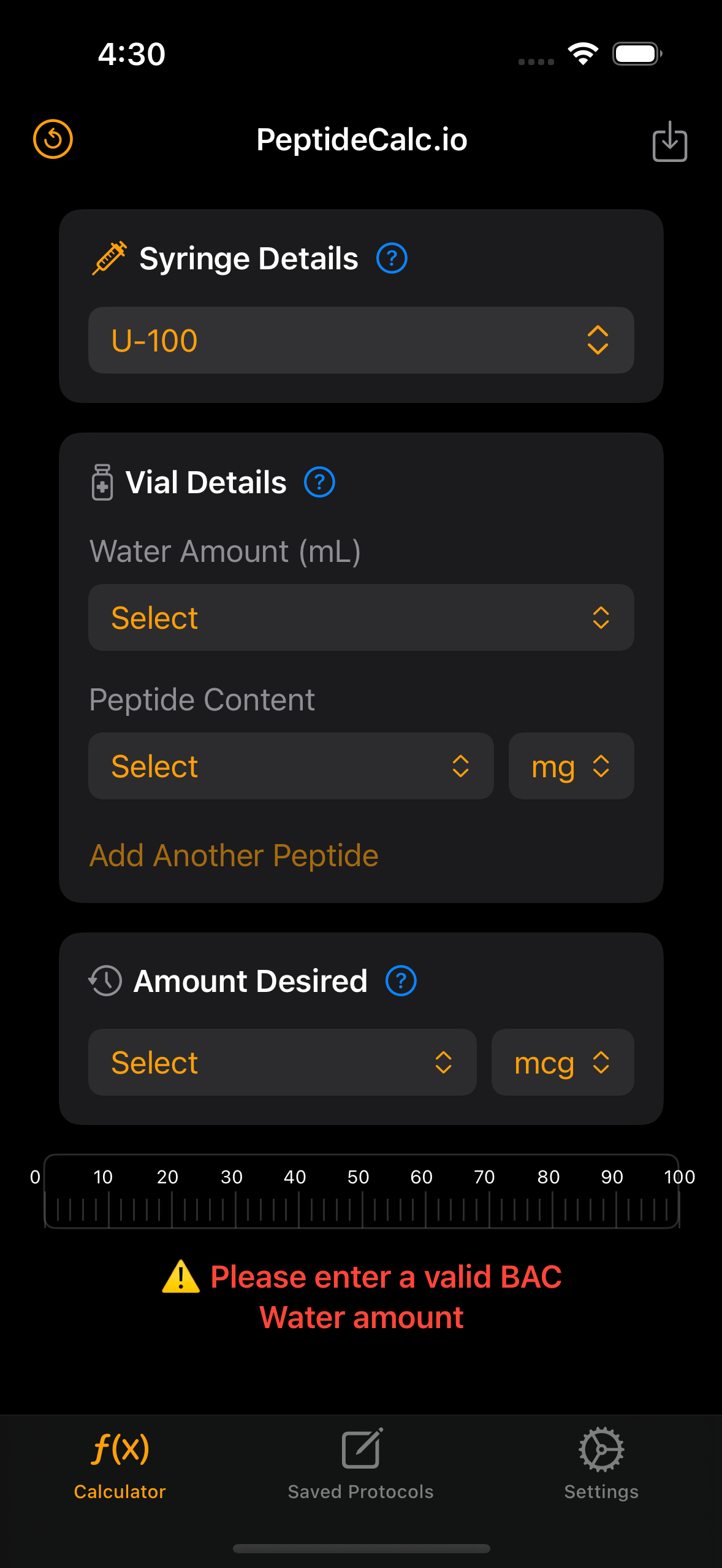 PeptideCalc.io guided calculator showing dose output