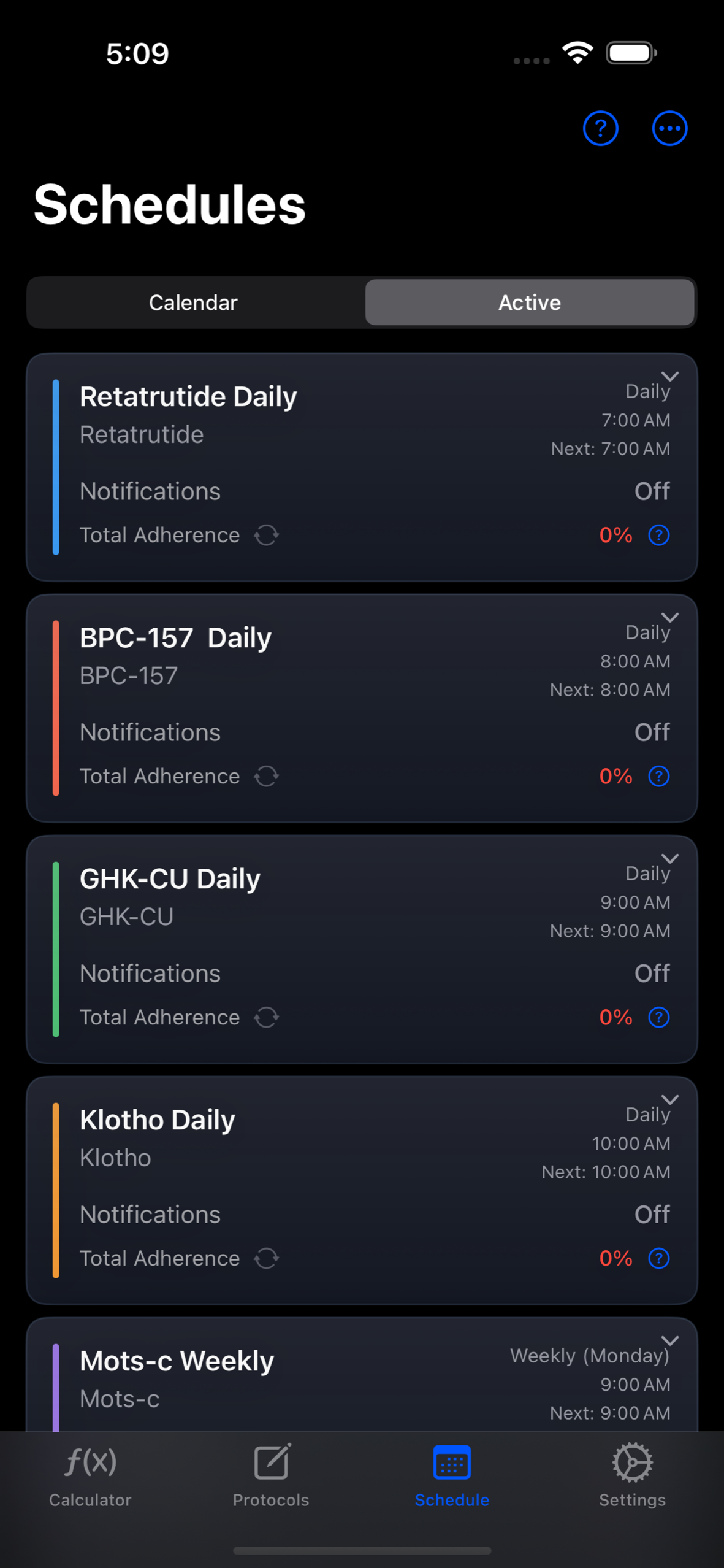 PeptideCalc.io schedule list