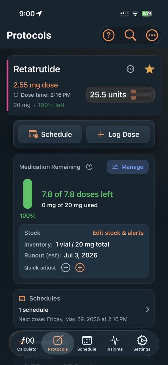 PeptideCalc protocol detail showing Retatrutide inventory, remaining doses, schedule shortcuts, and dose logging