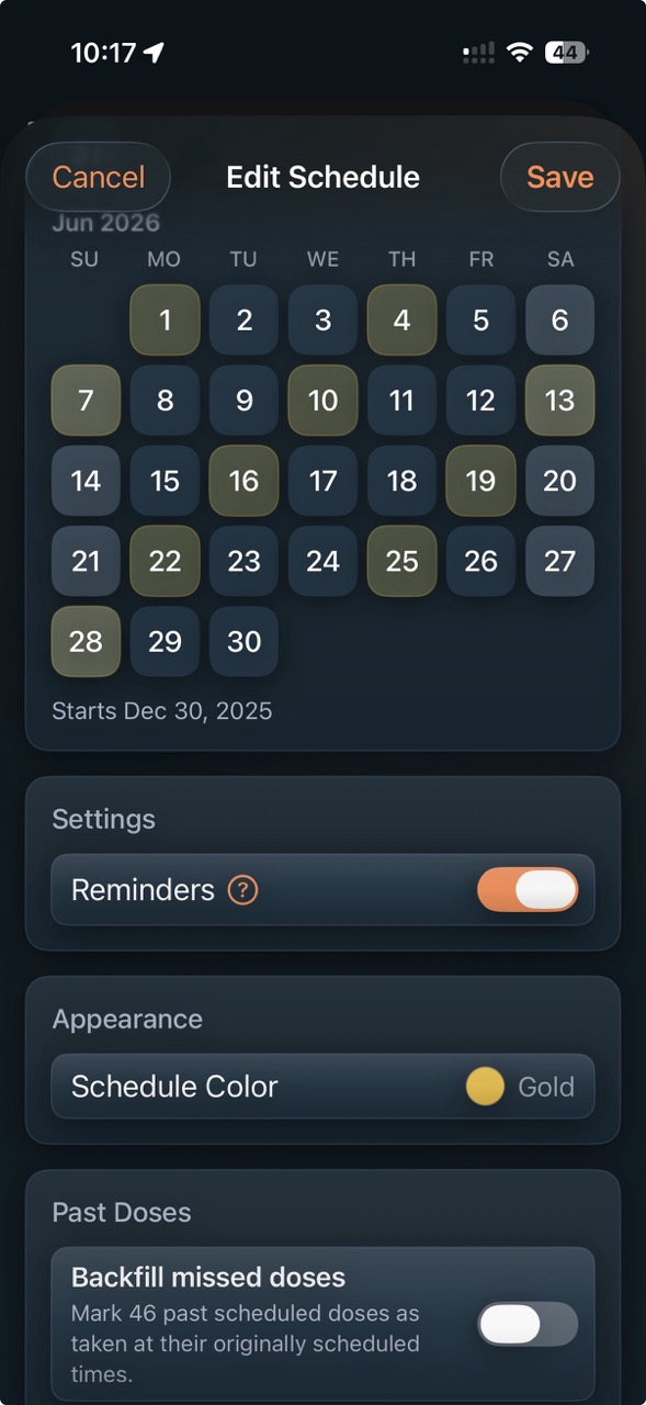 PeptideCalc edit schedule preview showing calendar dates, reminders, schedule color, and backfill missed doses options