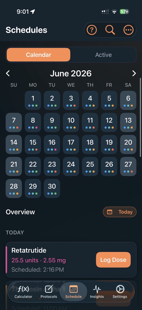 PeptideCalc schedules calendar showing peptide dose reminders and upcoming Retatrutide doses