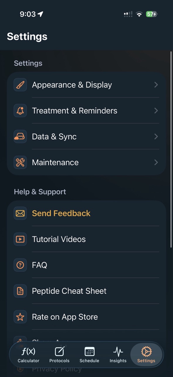 PeptideCalc settings screen for appearance, reminders, data sync, maintenance, support, tutorial videos, FAQ, and App Store rating
