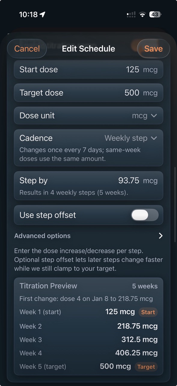 PeptideCalc titration preview showing start dose, target dose, weekly step cadence, and five week dose progression