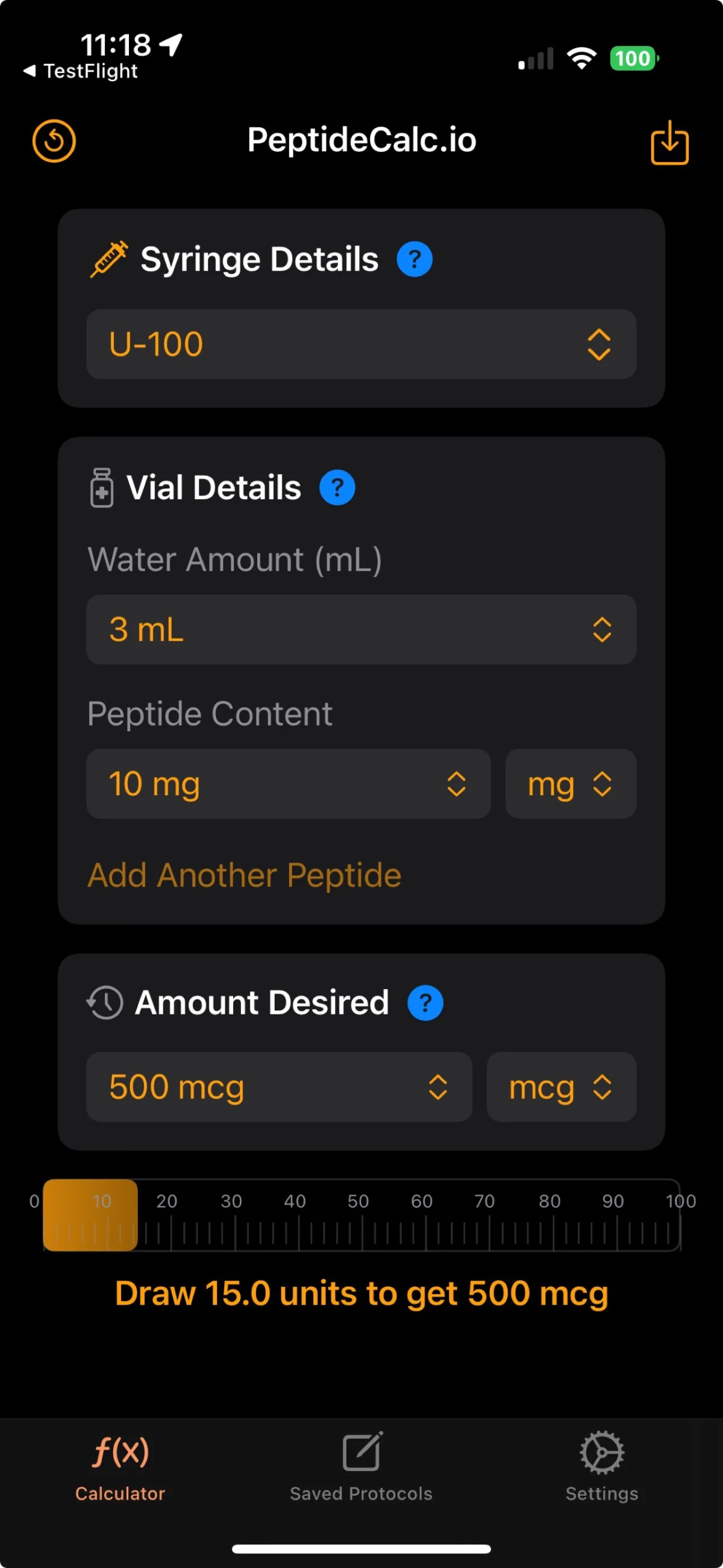 PeptideCalc.io dose calculator with presets