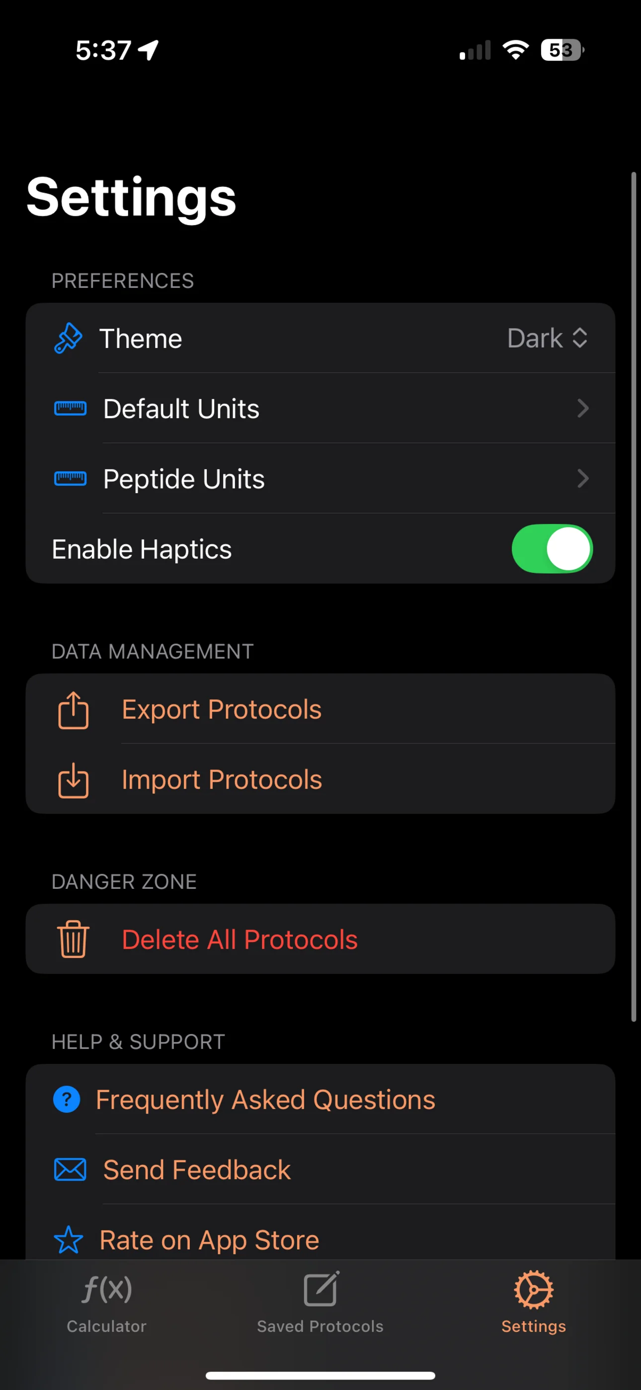 PeptideCalc.io privacy and notification settings